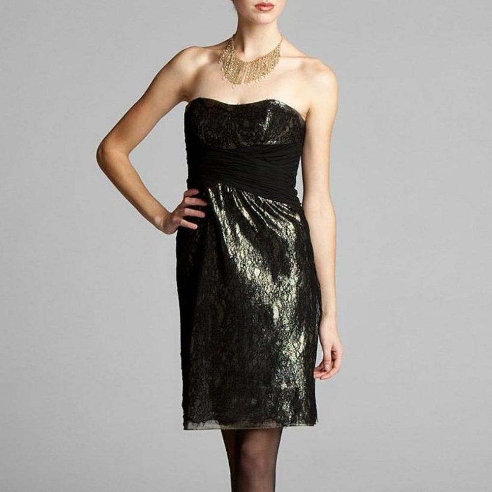 Badgley Mischka Couture Women Silk Black Lace and Gold Lame Cocktail Dre…